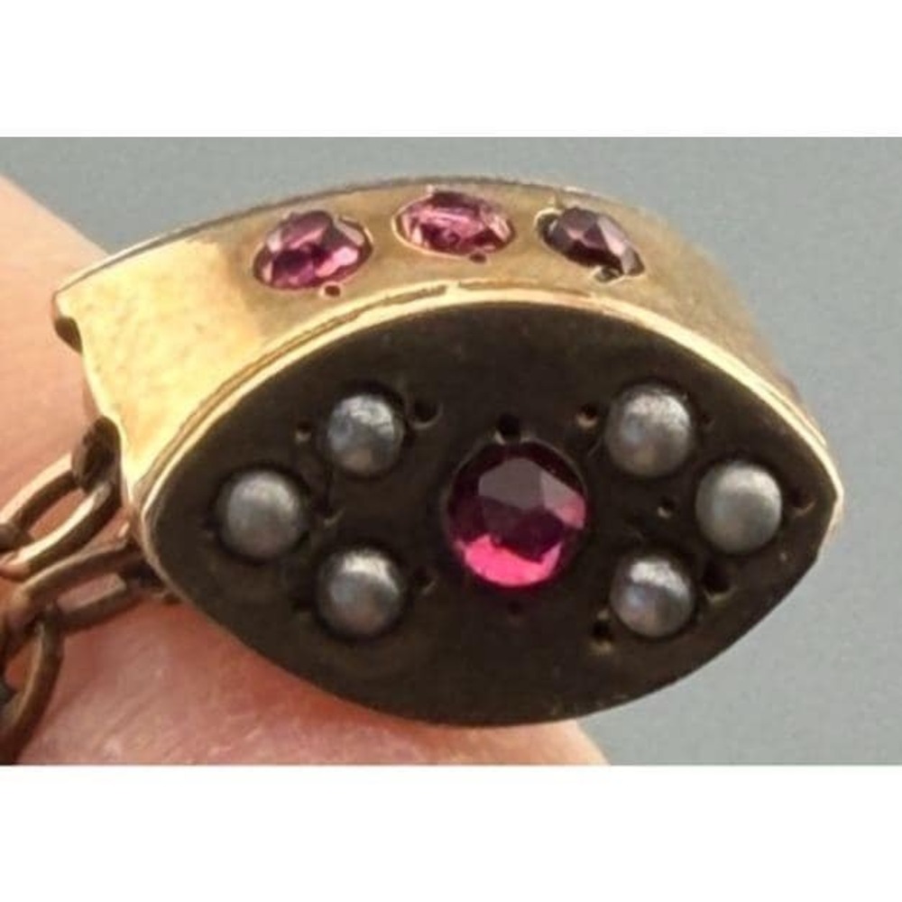 Vintage Watch Chain FOB Gold Filled Dunn & Co Dog Clip Pearl Red Stone FOB